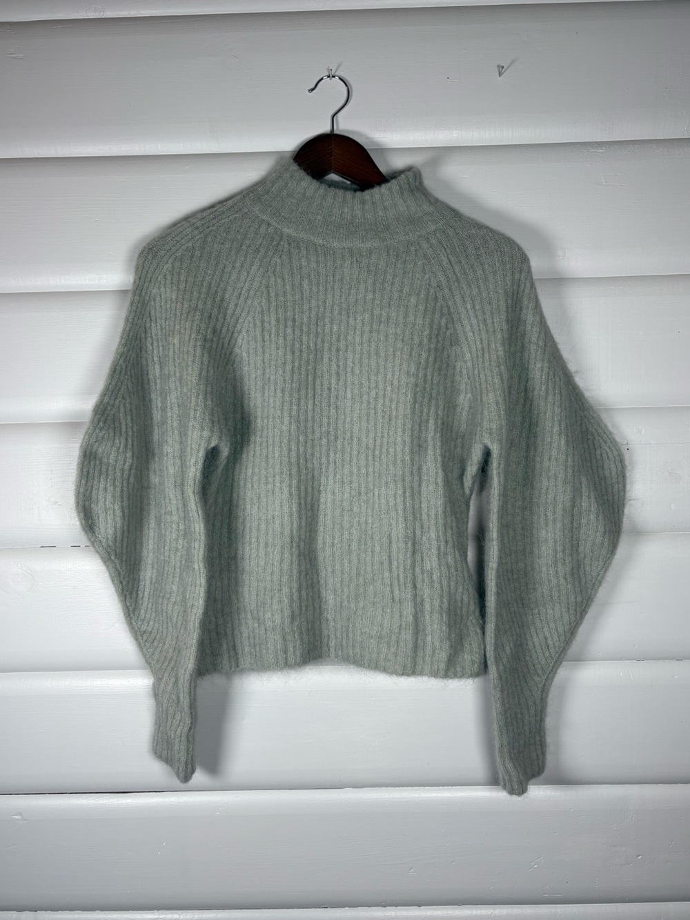H&M Mohair Wool Blend Ribbed Mock Neck Balloon Sleeve Sweater S